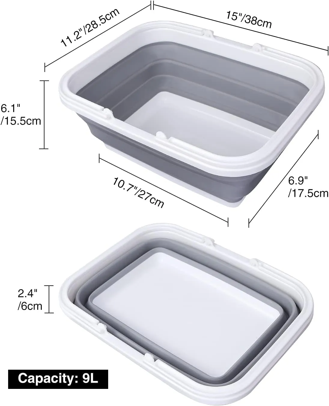 with Wash Camping Price-cut Handle Collapsible and Portable for Green and 2 Hiking Home, 2.37Gal/9L Camping Basin Pack Sink, Bold Grey
