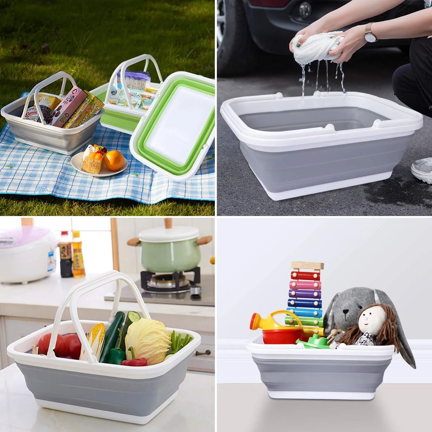 with Wash Camping Price-cut Handle Collapsible and Portable for Green and 2 Hiking Home, 2.37Gal/9L Camping Basin Pack Sink, Bold Grey