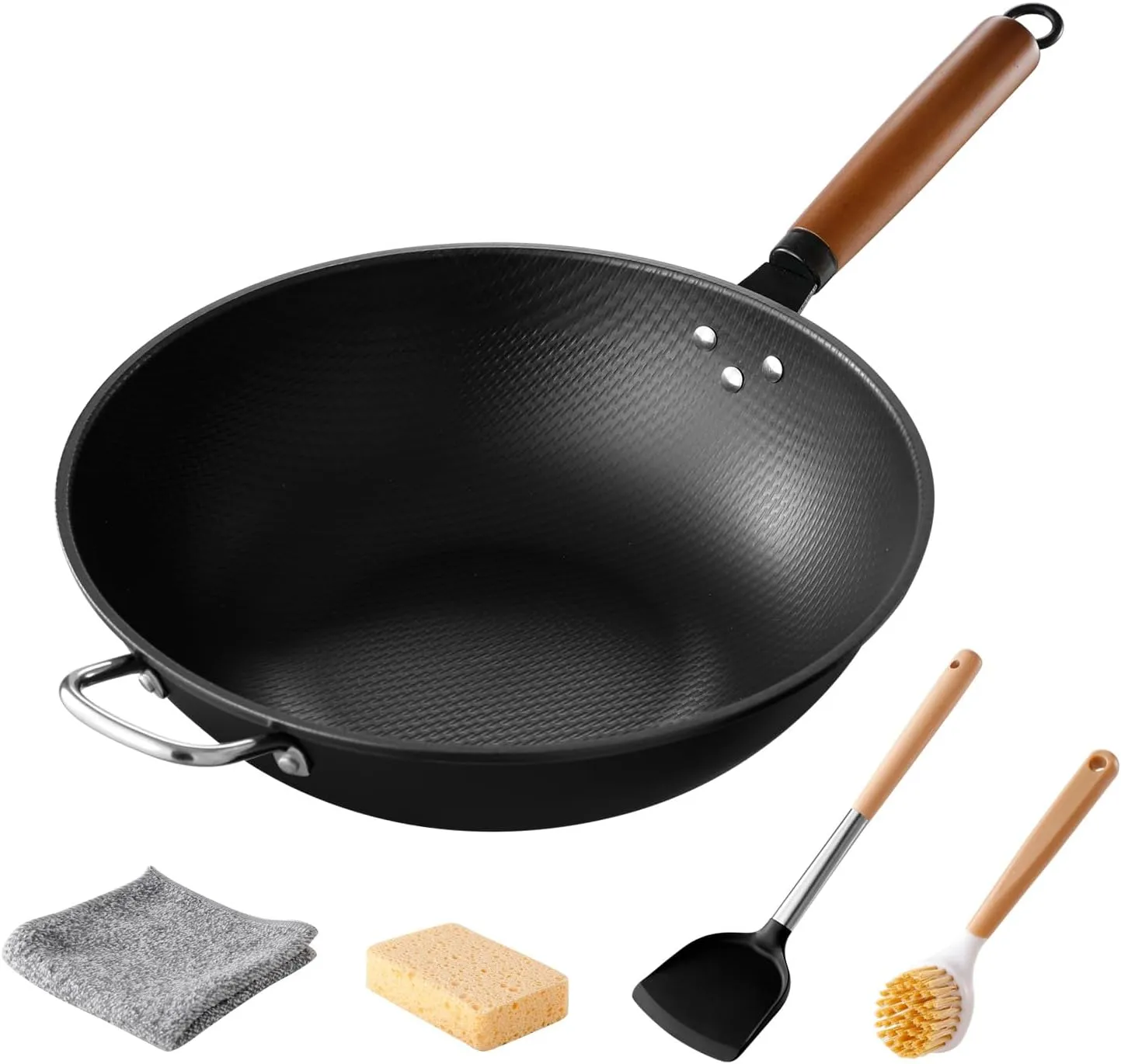 Wok, 13 Inch carbon steel woks & stir-fry pans nonstick,Pre-seasoned Chinese Wok Including Silicone Spatula and Cleaning Tools Compatible with All Cooktops