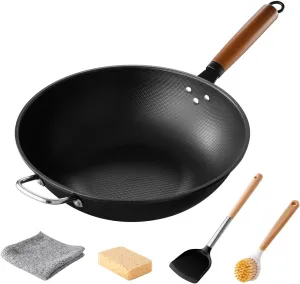 Wok, 13 Inch carbon steel woks & stir-fry pans nonstick,Pre-seasoned Chinese Wok Including Silicone Spatula and Cleaning Tools Compatible with All Cooktops