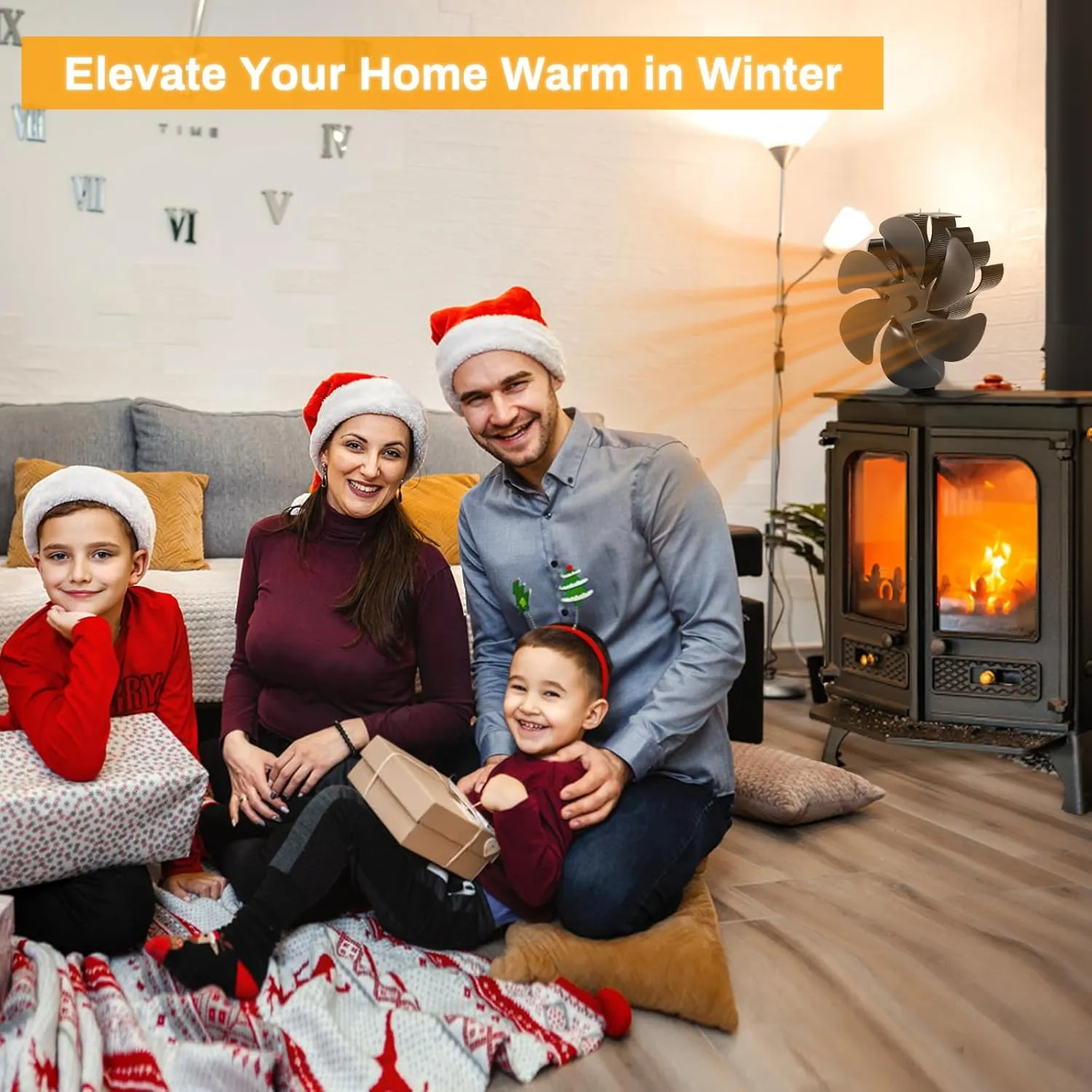 Wood Stove Fan Heat Powered Stove Fan, Fireplace Fan Stove Fan Non Electric, Thermal Fan for Wood Burning Stove/Pellet/Log Burner, w/Wood Stove Accessories Thermometer