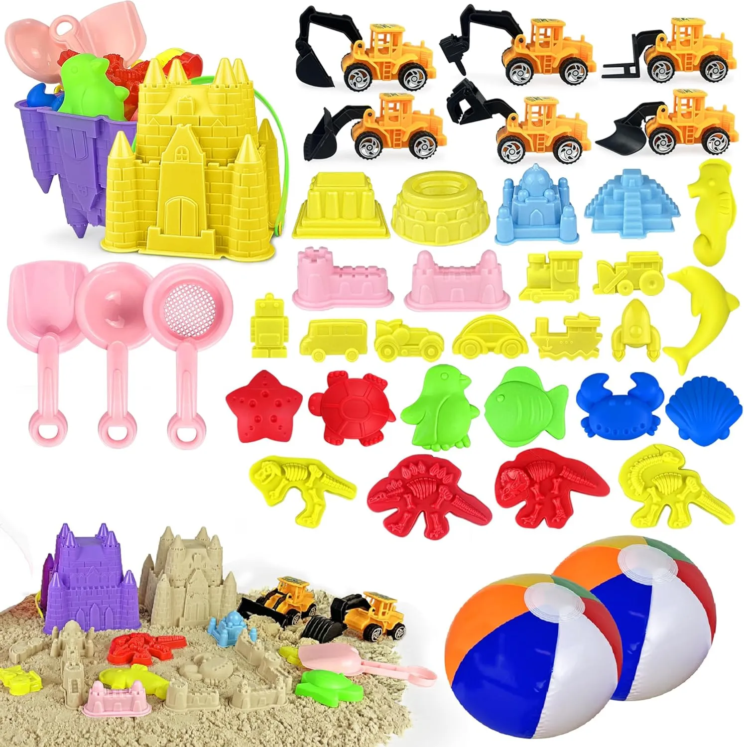 XIPEGPA 41PCS Sand Toys Kit Fun Beach Toys with Trucks Buckets Animal Dinosaur Molds Shovels Beach Ball Perfect Travel Toys for Boys Girls