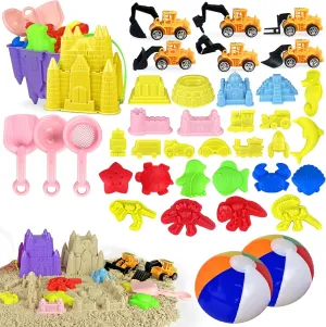 XIPEGPA 41PCS Sand Toys Kit Fun Beach Toys with Trucks Buckets Animal Dinosaur Molds Shovels Beach Ball Perfect Travel Toys for Boys Girls