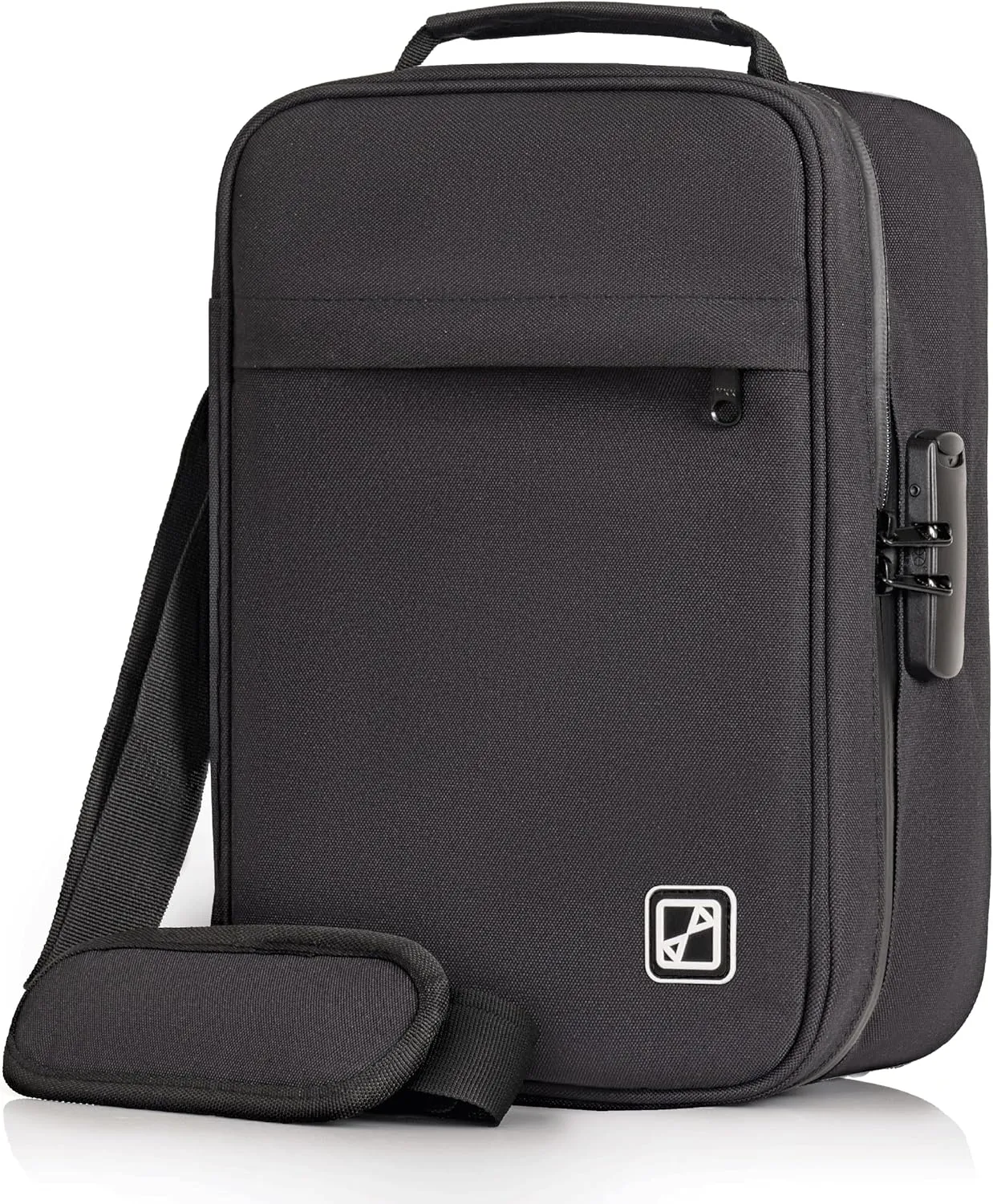 XL Carbon Lined Storage Case with Combination Lock, Scent Filteration Technology, Medicine Bag with YKK Zippers-Shoulder Strap-Black