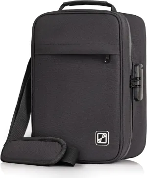 XL Carbon Lined Storage Case with Combination Lock, Scent Filteration Technology, Medicine Bag with YKK Zippers-Shoulder Strap-Black