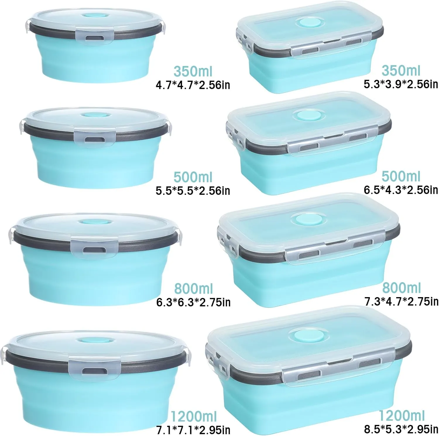 Yaomiao 16 Pack Collapsible Food Storage Containers with Lid Foldable 8 Pcs Rectangle Storage Bowl and 8 Pcs Round Silicone Food Bow for Lunch Rv Accessories Microwave Freezer Safe(Gray, Blue)