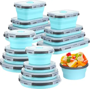 Yaomiao 16 Pack Collapsible Food Storage Containers with Lid Foldable 8 Pcs Rectangle Storage Bowl and 8 Pcs Round Silicone Food Bow for Lunch Rv Accessories Microwave Freezer Safe(Gray, Blue)
