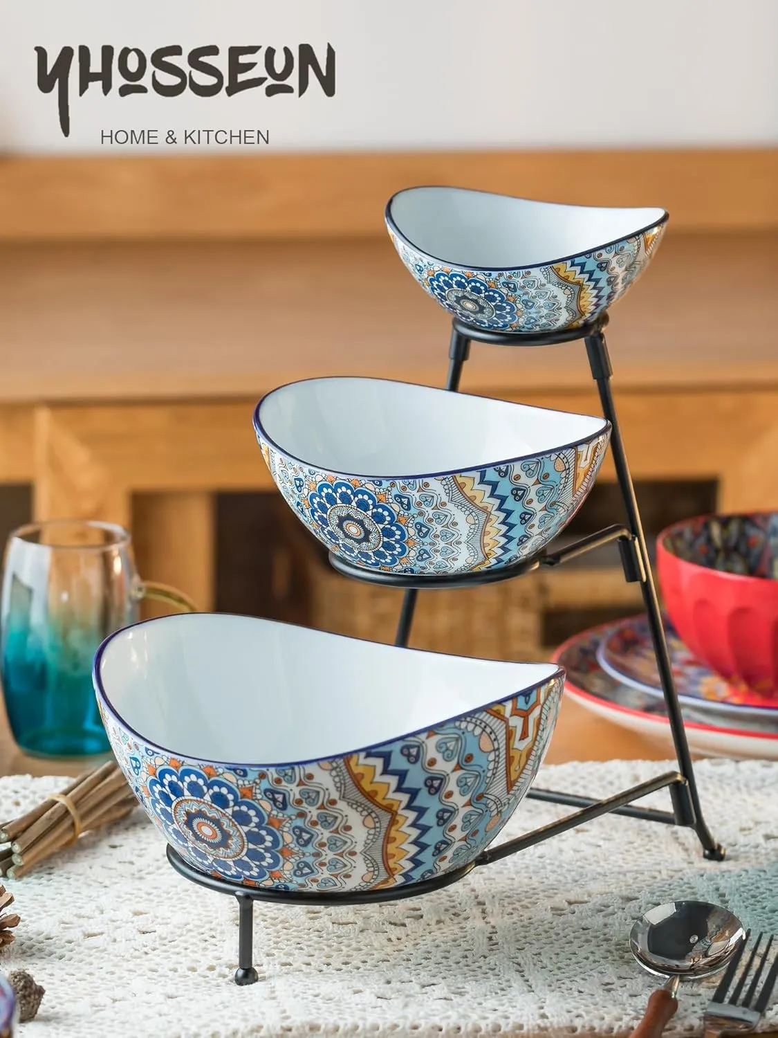 YHOSSEUN 3 Tier Serving Bowls, Serving Dishes for Entertaining Porcelain Serving Trays and Platters Tiered Bowl Set with Collapsible Thicker Sturdier Metal Rack