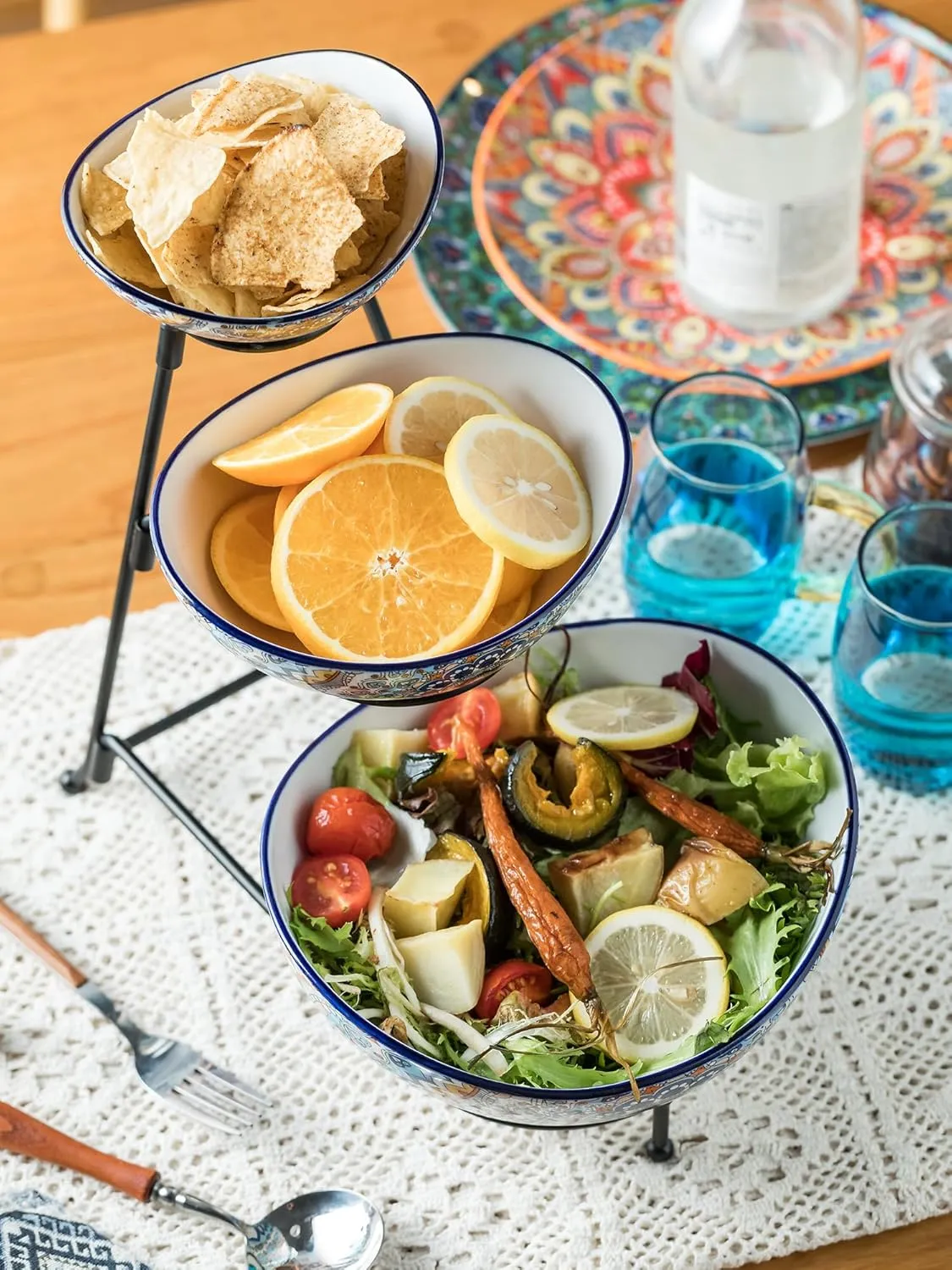 YHOSSEUN 3 Tier Serving Bowls, Serving Dishes for Entertaining Porcelain Serving Trays and Platters Tiered Bowl Set with Collapsible Thicker Sturdier Metal Rack