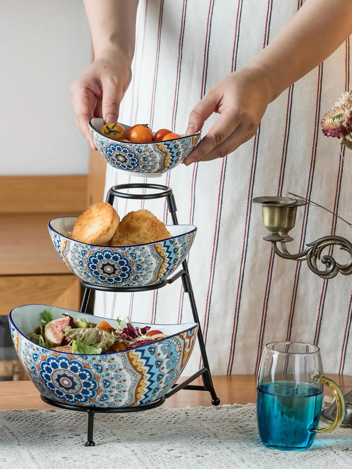 YHOSSEUN 3 Tier Serving Bowls, Serving Dishes for Entertaining Porcelain Serving Trays and Platters Tiered Bowl Set with Collapsible Thicker Sturdier Metal Rack