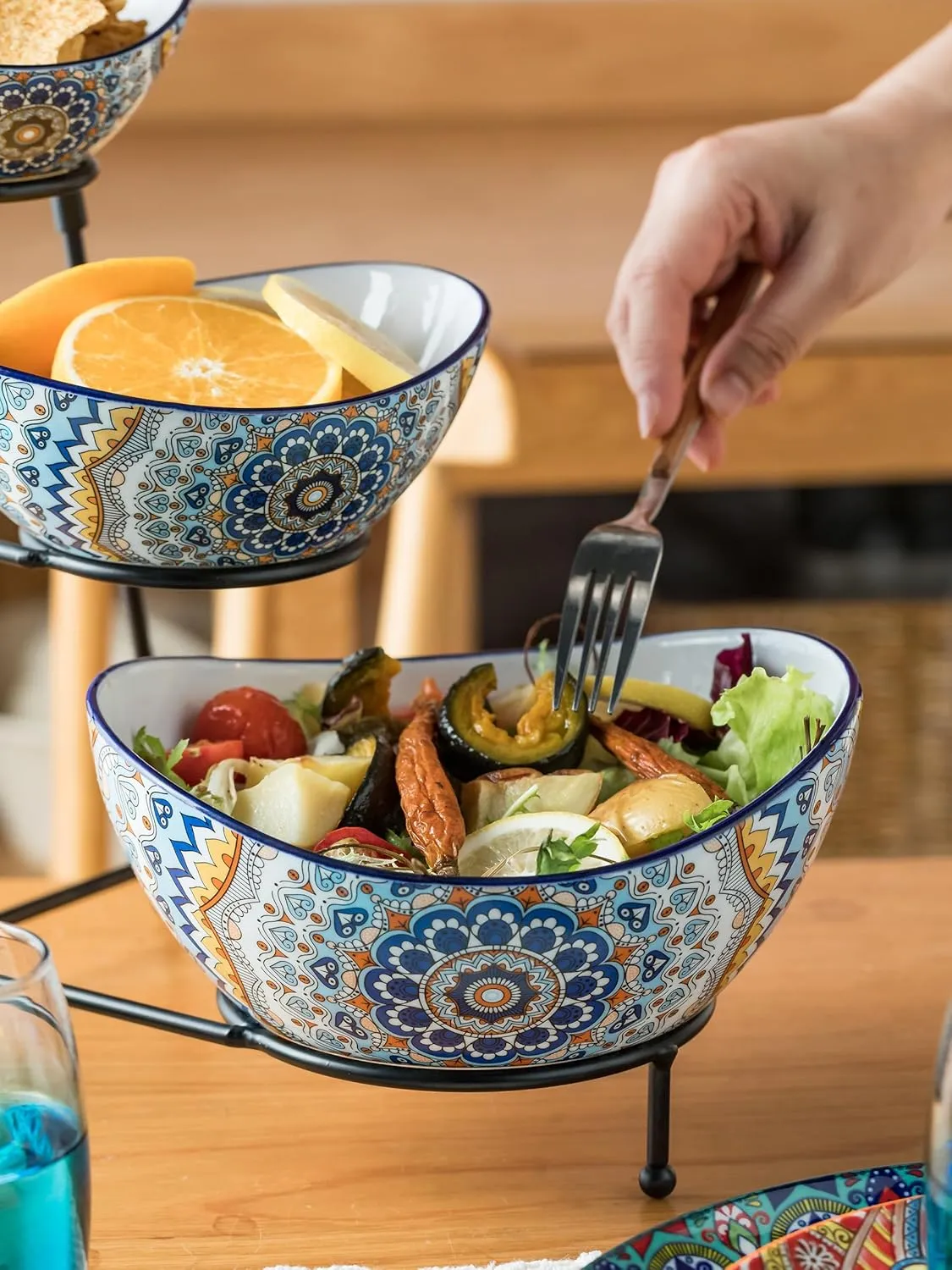 YHOSSEUN 3 Tier Serving Bowls, Serving Dishes for Entertaining Porcelain Serving Trays and Platters Tiered Bowl Set with Collapsible Thicker Sturdier Metal Rack