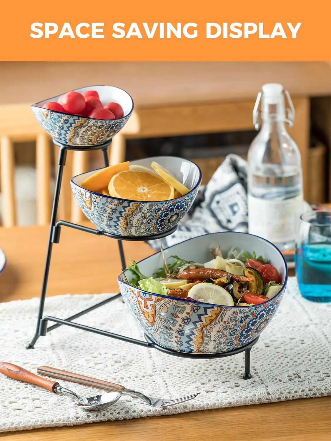 YHOSSEUN 3 Tier Serving Bowls, Serving Dishes for Entertaining Porcelain Serving Trays and Platters Tiered Bowl Set with Collapsible Thicker Sturdier Metal Rack