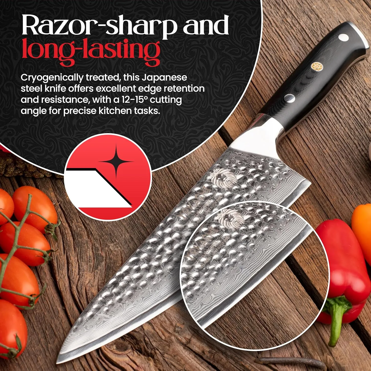 YOKASHI Japanese Damascus Chef Knife – 8-Inch Professional VG-10 High-Carbon Steel Kitchen Knife – Razor-Sharp Japanese Knife for Chefs and Home Cooks, Ideal for Chopping, Slicing, and Dicing