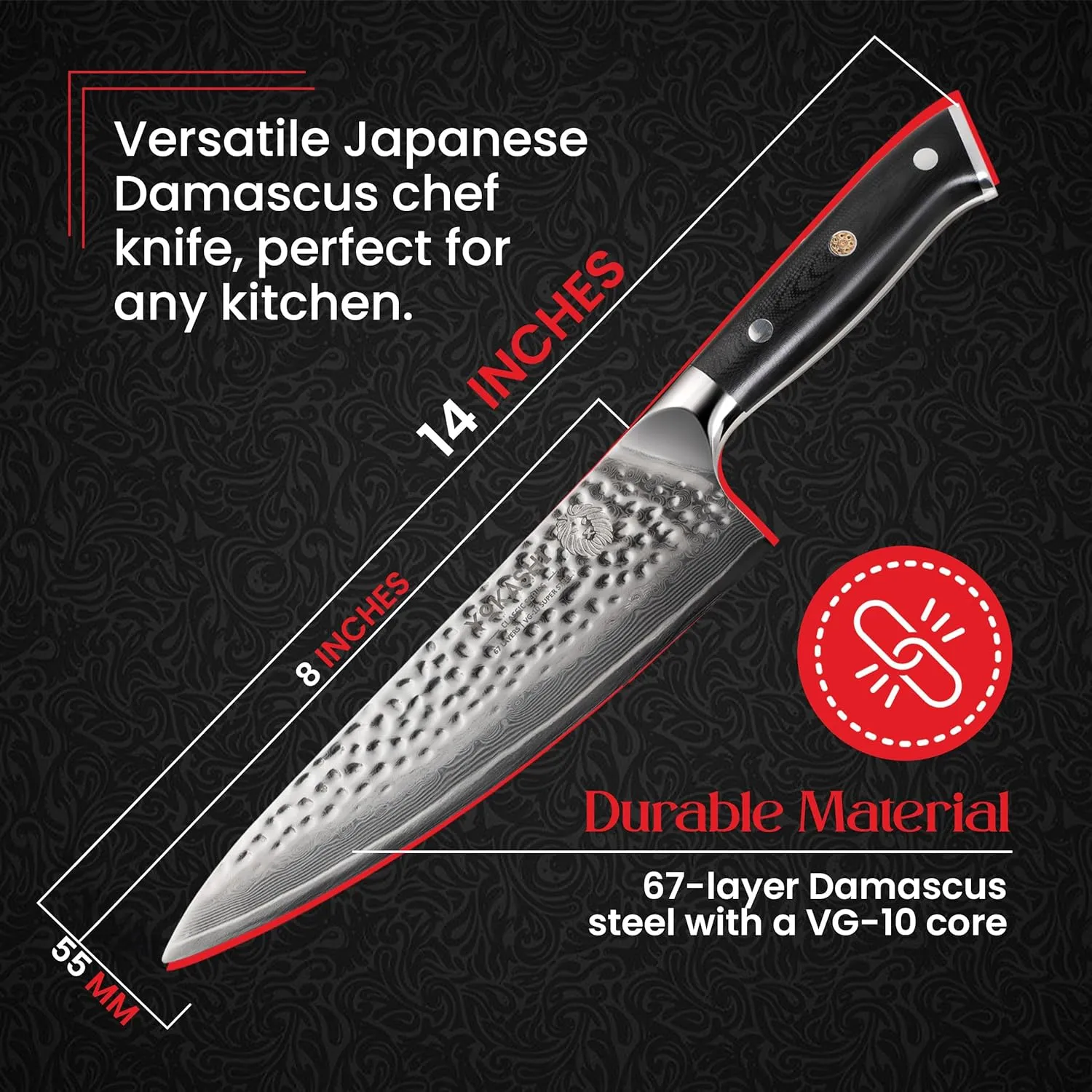 YOKASHI Japanese Damascus Chef Knife – 8-Inch Professional VG-10 High-Carbon Steel Kitchen Knife – Razor-Sharp Japanese Knife for Chefs and Home Cooks, Ideal for Chopping, Slicing, and Dicing