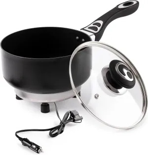 ZONETECH 12V SaucePan with Glass Lid Portable Non-Stick 2 Quart Pot Stay-Cool Handles, Rapid Heat Up,Perfect For Camping, Picnic and more