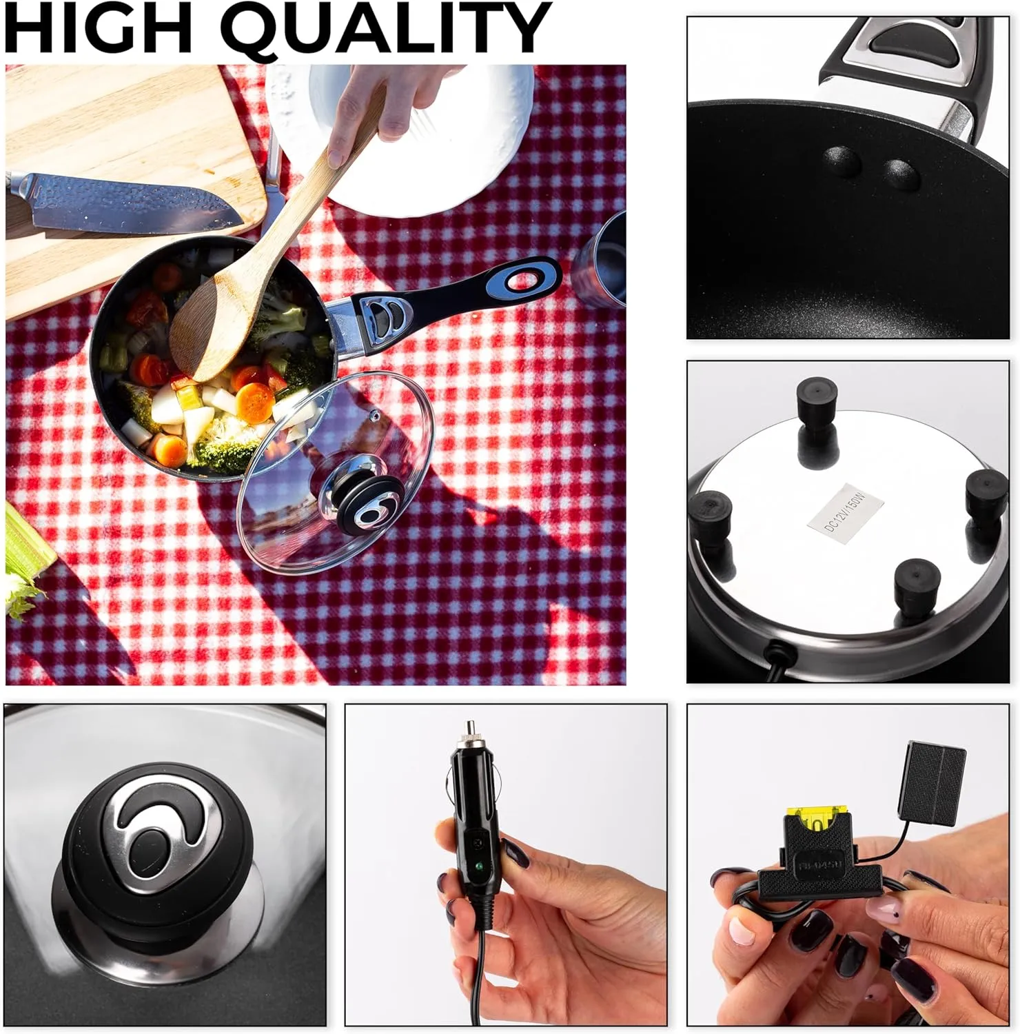 ZONETECH 12V SaucePan with Glass Lid Portable Non-Stick 2 Quart Pot Stay-Cool Handles, Rapid Heat Up,Perfect For Camping, Picnic and more