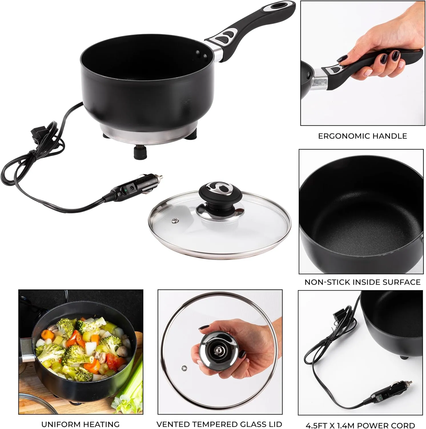ZONETECH 12V SaucePan with Glass Lid Portable Non-Stick 2 Quart Pot Stay-Cool Handles, Rapid Heat Up,Perfect For Camping, Picnic and more