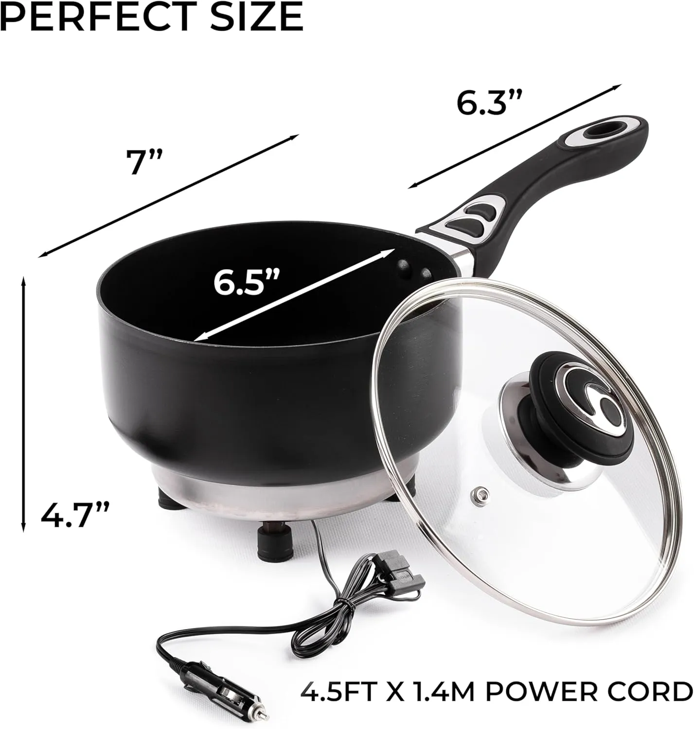 ZONETECH 12V SaucePan with Glass Lid Portable Non-Stick 2 Quart Pot Stay-Cool Handles, Rapid Heat Up,Perfect For Camping, Picnic and more