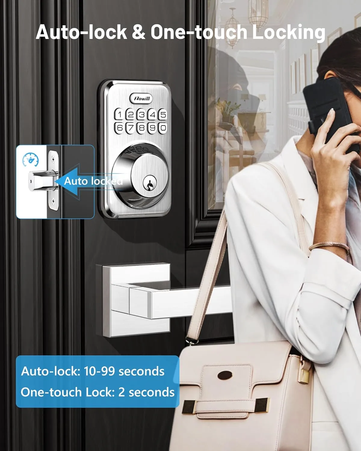 Zowill Keyless Entry Door Lock with 2 Lever Handles, Electronic Keypad Deadbolt, Auto-Locking, Anti-Peeping Password, Digital Code Door Lock, Front Door Handle Sets, Satin Nickel