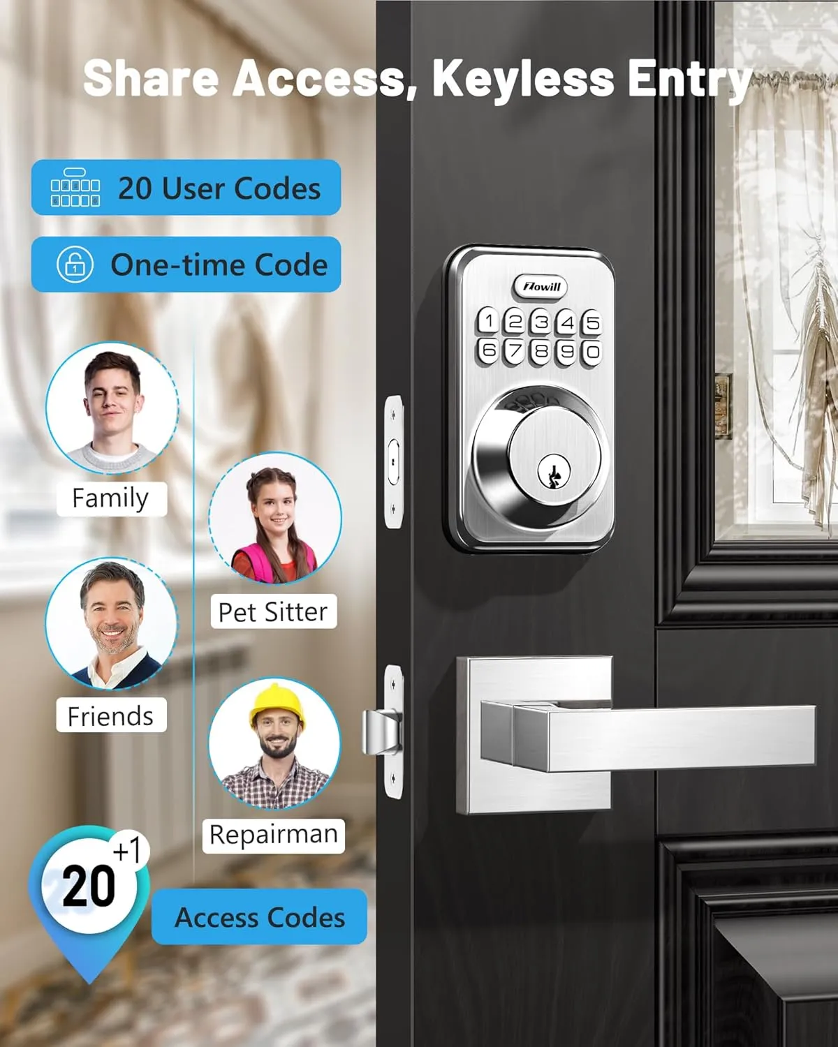 Zowill Keyless Entry Door Lock with 2 Lever Handles, Electronic Keypad Deadbolt, Auto-Locking, Anti-Peeping Password, Digital Code Door Lock, Front Door Handle Sets, Satin Nickel